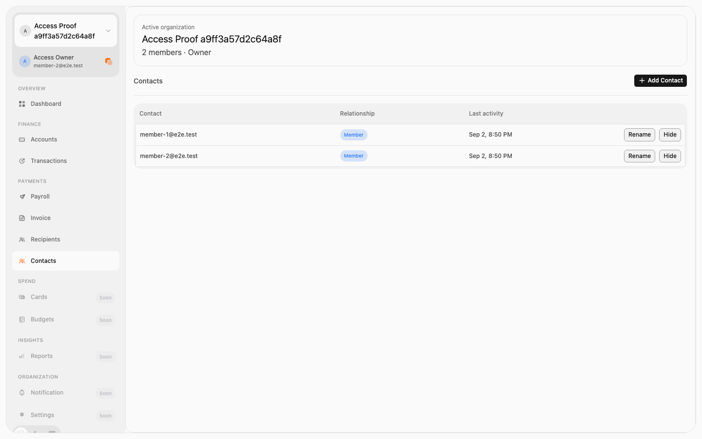 Organization owner Contacts desktop screen