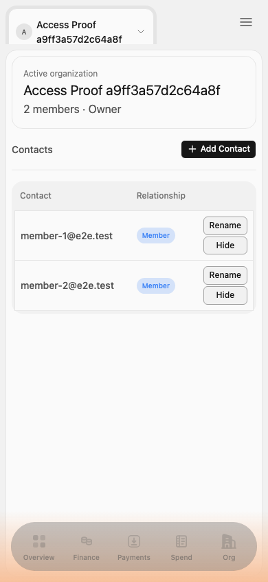 Organization owner Contacts mobile screen