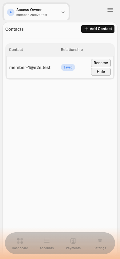 Personal Contacts mobile screen