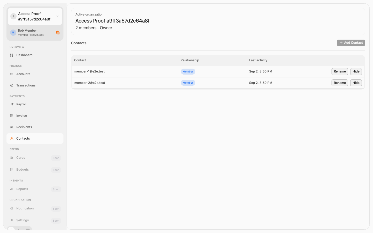 Organization restricted Contacts desktop screen