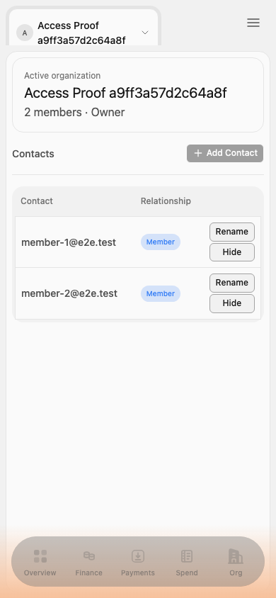 Organization restricted Contacts mobile screen